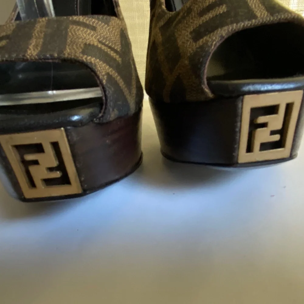 Fendi heels ankle strap 36.5 Italy open toe pumps monogram canvas clogs platform - Picture 4 of 10